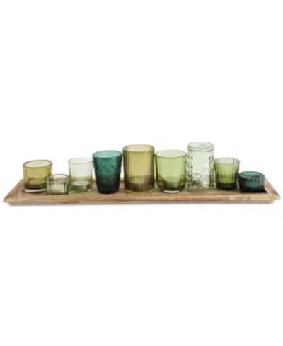 3r Studio Round Glass Votive Holders On Wood Tray, Green, Set Of 10
