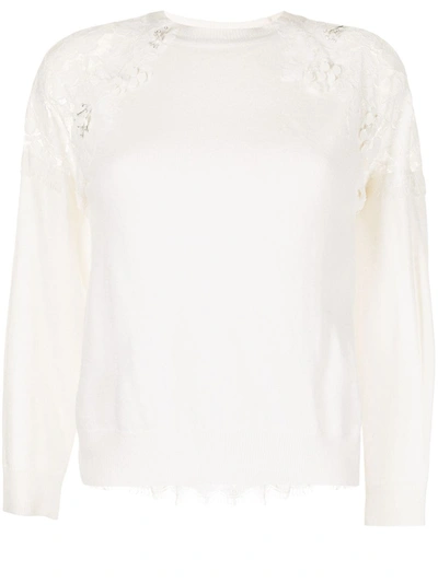 Onefifteen Floral Lace-panel Knit Top In White