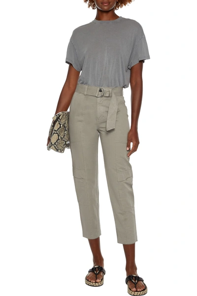 J Brand Athena Cropped Belted Cotton And Linen-blend Tapered Trousers In Grey