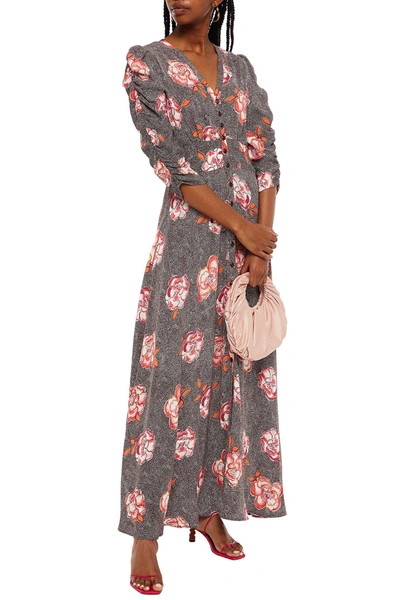 Bytimo Shirred Printed Crepe Maxi Dress In Grey