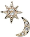 ANZIE WHITE TOPAZ ACCENT STAR & MOON MISMATCH STUD EARRINGS IN 14K GOLD