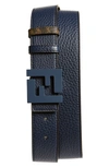 Fendi Ff Logo Reversible Leather & Coated Canvas Belt In Night Blue Tobacco/ Black