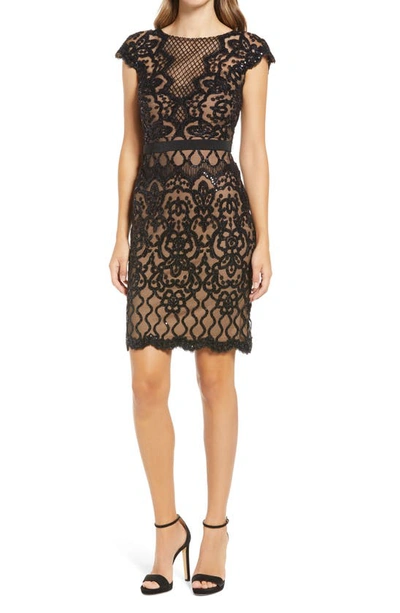 Tadashi Shoji Sequin Lace Cocktail Dress In Black/ Nude