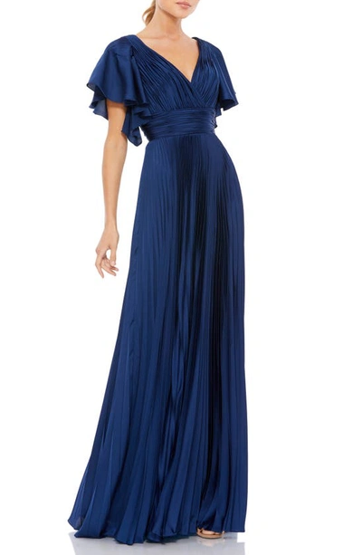 Ieena For Mac Duggal V Neck Flutter Sleeve Pleated A Line Gown In Sapphire