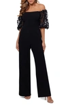 Xscape Plus Size Puffed-sleeve Off-the-shoulder Jumpsuit In Black/black