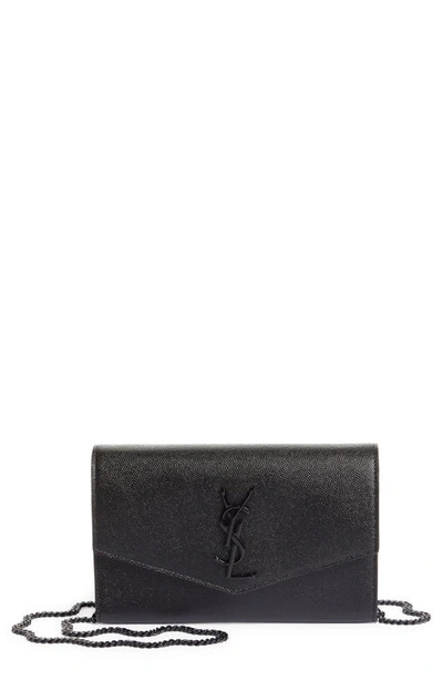 Saint Laurent Uptown Pebbled Calfskin Leather Wallet On A Chain In Black