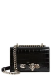 Alexander Mcqueen Mini Jewelled Croc Embossed Leather Crossbody Bag In Black