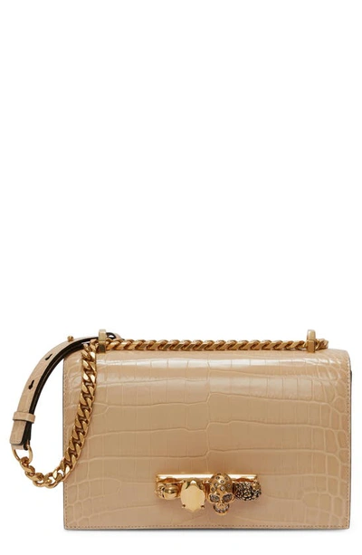 Alexander Mcqueen Jewelled Knuckle Croc Embossed Leather Crossbody Bag In Sand