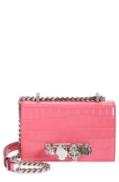 Alexander Mcqueen Croc Embossed Leather Shoulder Bag In Peony Pink