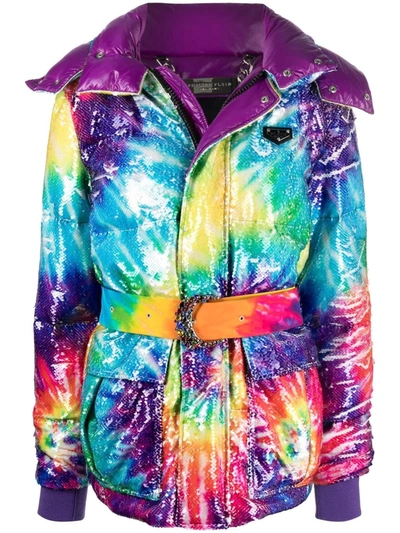 Philipp Plein Tie-dye Print Padded Coat In Blau