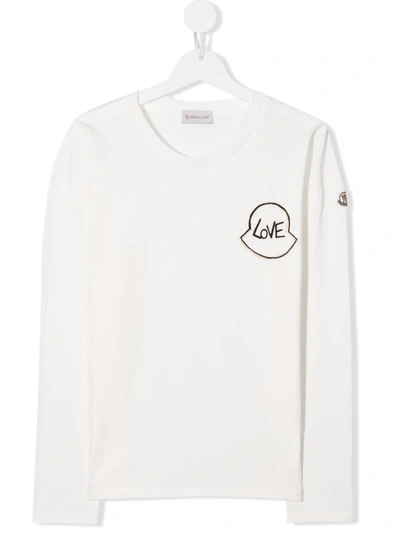 Moncler Teen Flocked-logo Long-sleeve T-shirt In White