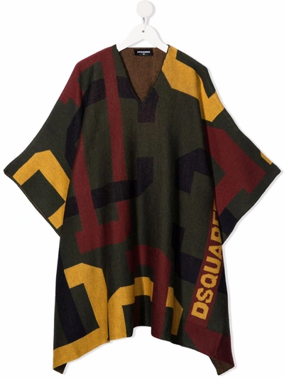 Dsquared2 Teen Colour-block Knitted Cape In 绿色