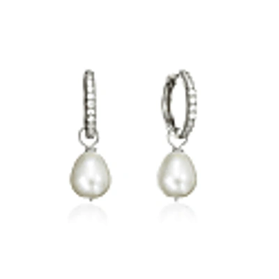 Lily & Roo Silver Diamond Style Large Pearl Drop Hoop Earrings