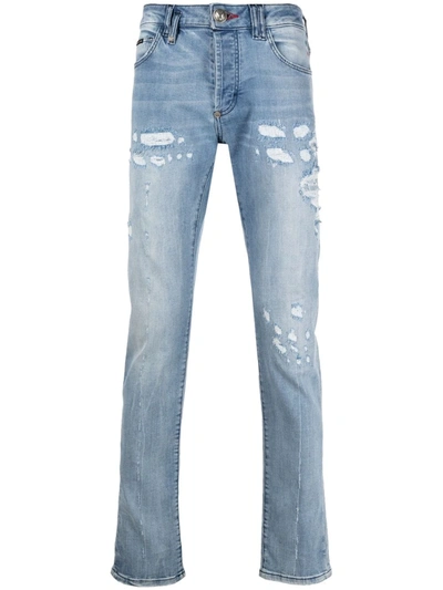 Philipp Plein Super Straight Stonewash Distressed Jeans In Blue