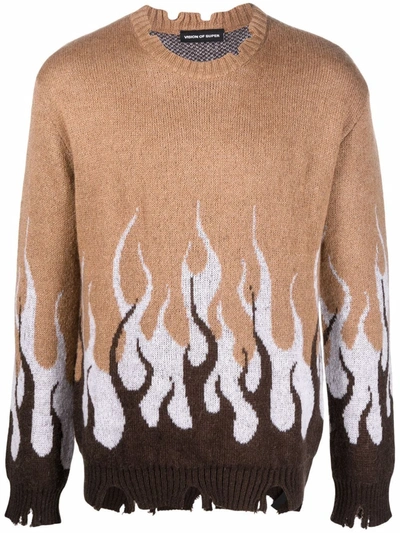 Vision Of Super Multicolor Jacquard Flames Sweater In Brown