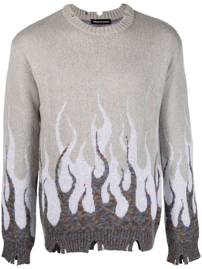 Vision Of Super Flame-print Crew Neck Distressed Jumper In Grau