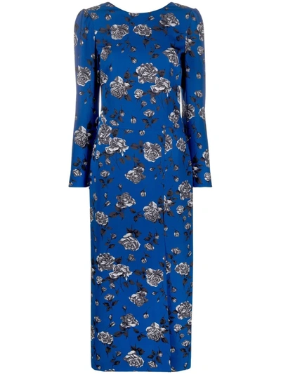 Red Valentino Long Blue Cady Dress With Floral Print