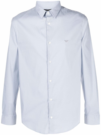 Emporio Armani Logo-embroidered Long-sleeve Shirt In Blau