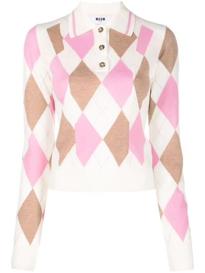 Msgm Argyle Print Polo Wool Top In Off White