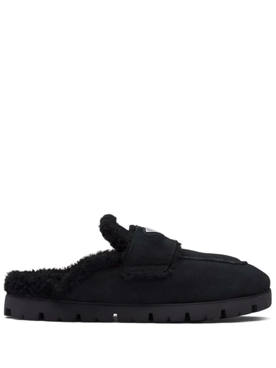 Prada Shearling-trimmed Suede Slippers In Black