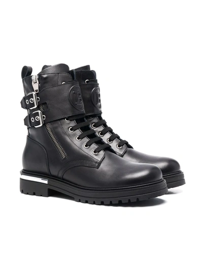 Balmain Teen Double Buckle Combat Boots In 黑色