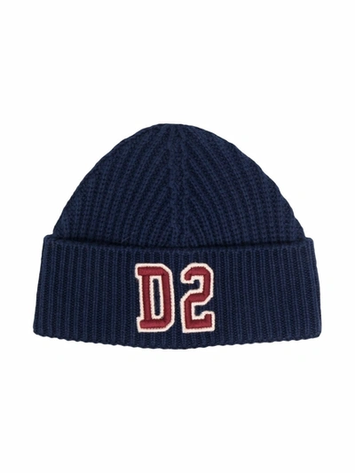 Dsquared2 Kids' Ribbed-knit Logo-patch Beanie In Blue