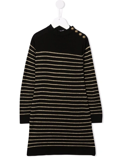 Balmain Teen Striped Virgin Wool Dress In 黑色
