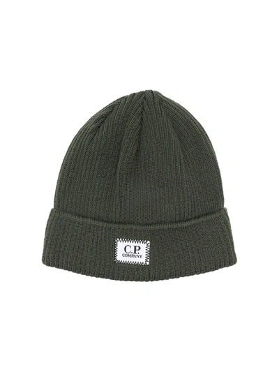 C.p. Company Kids' Logo-patch Wool Beanie In Green