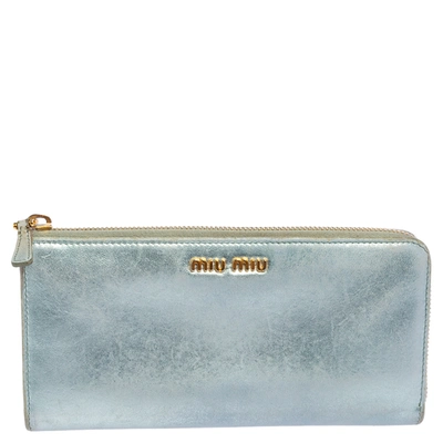 Pre-owned Miu Miu Metallic Blue Leather Zip Around Wallet