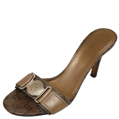 Pre-owned Gucci Gold/brown Gg Crystal Canvas And Leather Interlocking G Buckle Slide Sandals Size 37.5
