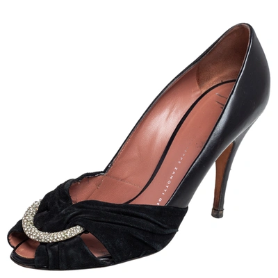 Pre-owned Giuseppe Zanotti Black Leather And Suede Crystal Embellished Peep Toe Pumps Size 37.5