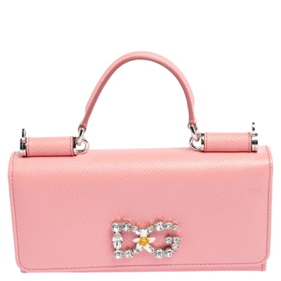Pre-owned Dolce & Gabbana Pink Leather Miss Sicily Von Crystal Embellished Wallet On Chain