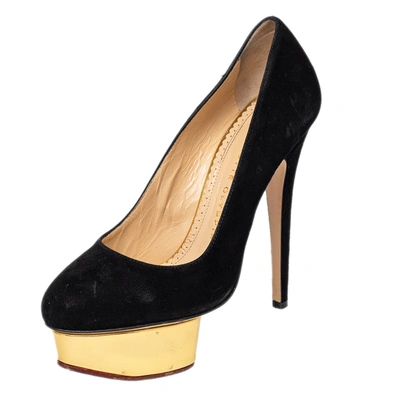 Pre-owned Charlotte Olympia Black Suede Dolly Platform Pumps Size 36.5