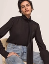 Another Tomorrow Core Self-tie Neck Blouse In Black