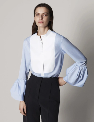 Another Tomorrow Bell-sleeve Organic-cotton Poplin Blouse In Blue Stripe