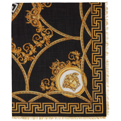 Versace Mens Printed Silk And Wool Scarf In Black