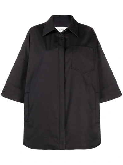 Valentino Leather-trim Poplin Overshirt In Black