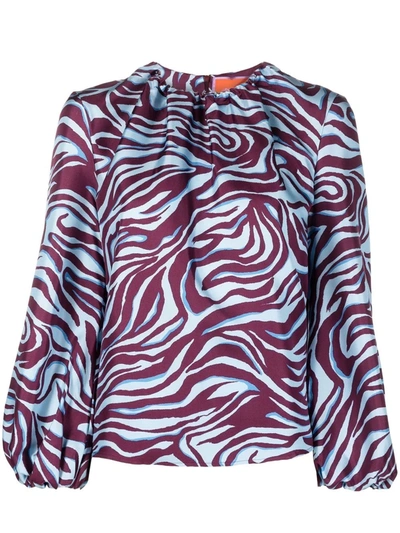 La Doublej Charming Zebra-print Silk-twill Blouse In Blue