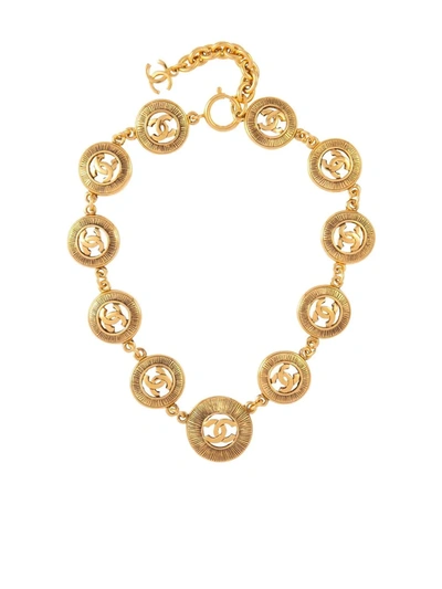 Pre-owned Chanel 1980s Logo Medallion Necklace In Gold
