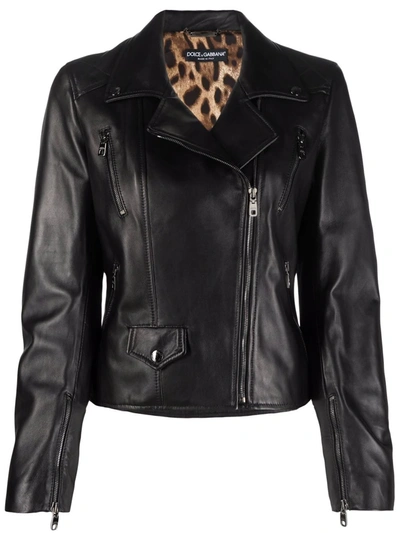 Dolce & Gabbana Crystal Logo Leather Biker Jacket In Black