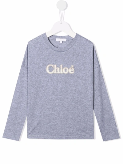 Chloé Kids' Logo Print Long-sleeve T-shirt In Grey