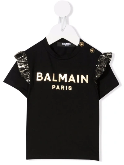 Balmain Babies' Logo荷叶袖t恤 In Black