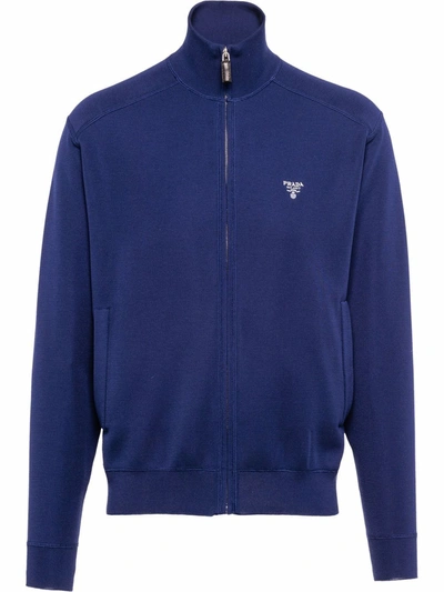 Prada Logo-print Zip-fastening Jumper In Blue