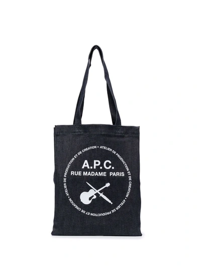 Apc Logo Printed Denim Tote Bag In Indigo