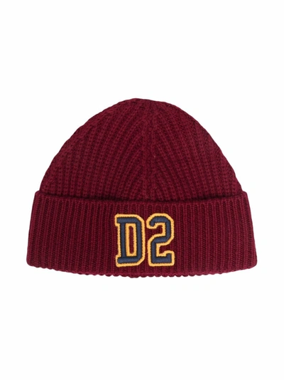 Dsquared2 Kids' Embroidered Logo Knitted Beanie In Red