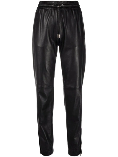 Saint Laurent Black Leather Sport Pants In Nero