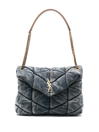 Saint Laurent Loulou Puffer Small Suede-trimmed Quilted Denim Shoulder Bag In Blau