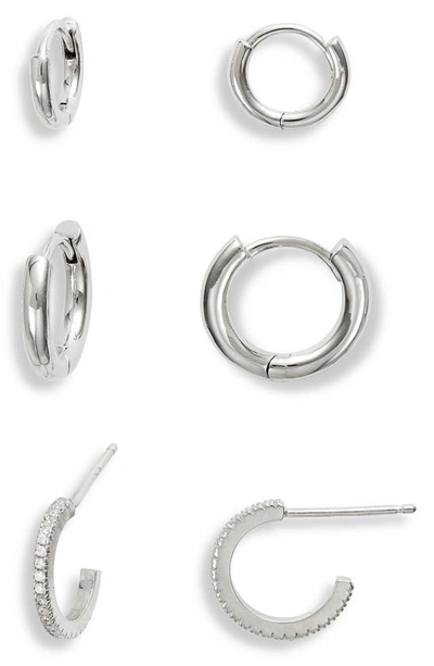 Nordstrom Set Of 3 Sterling Silver Huggie Hoop Earrings In Clear- Silver