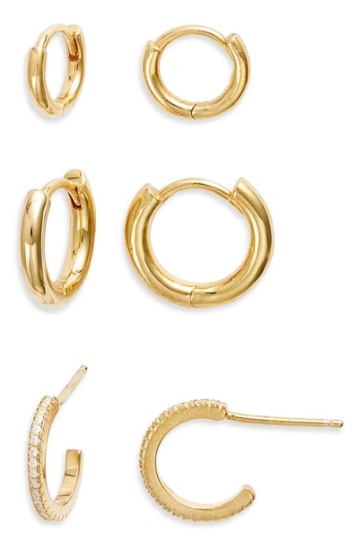 Nordstrom Set Of 3 Sterling Silver Huggie Hoop Earrings In Clear- Gold