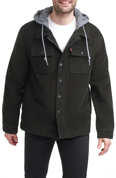 Levi's Faux Shearling Lined Hooded Corduroy Shirt Jacket In Olive